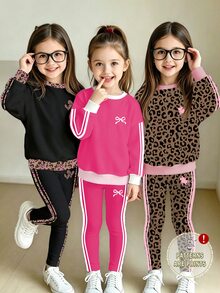女童 3 套 2 件組圓領衛衣與內搭褲套裝，包含愛心豹紋、蝴蝶結、復古豹紋馬尾印花，圓領長袖衛衣搭配側條紋內搭褲，針織面料，寬鬆版型，舒適，適合日常上學、外出，甜酷女孩風，多款組合，易於混搭 - 彩色 - 查看 10