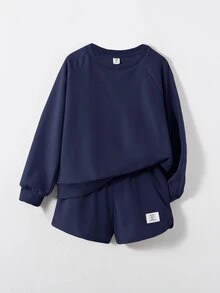 Maija Kids Maija Kids 女童大童素色針織運動衫與短褲兩件套 - 藍色 - 查看 1