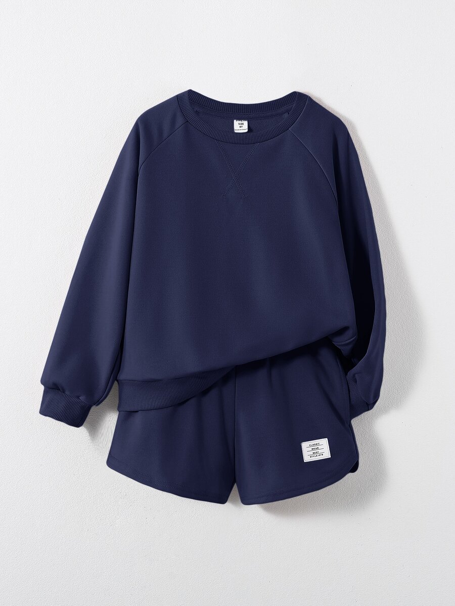 Maija Kids Maija Kids 女童大童素色針織運動衫與短褲兩件套 - 藍色 - 查看 1