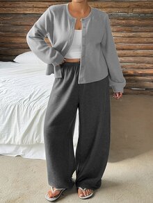 Dazy Plus Autumn/Winter Minimalist Brushed Knit Relaxed Fit Loungewear Pajama Set, Suitable For Home And Outdoor Wear - Grey - View 4