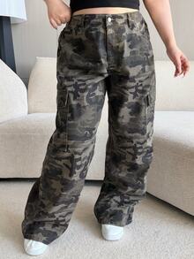 Dazy Plus Vintage Camouflage Cargo Pants Straight Fit Multi-Pocket Washed Distressed Casual Versatile Low Waist Jeans Fall - Army Green - View 9