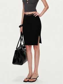 Rina Fox Women's Solid Color Lace Patchwork Side Slit Sexy Skirt - Black - View 1