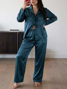 Dazy Plus Solid Color Satin Loose Top And Pants 2-Piece Set, Spring/Autumn Loungewear Pajama Set - Dark Green - View 5