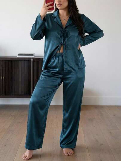 Dazy Plus Solid Color Satin Loose Top And Pants 2-Piece Set, Spring/Autumn Loungewear Pajama Set