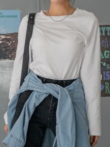 Dazy Plus Solid Color Casual Round Neck Versatile All-Match Long Sleeve White T-Shirt Spring/Autumn New Style - White - View 4