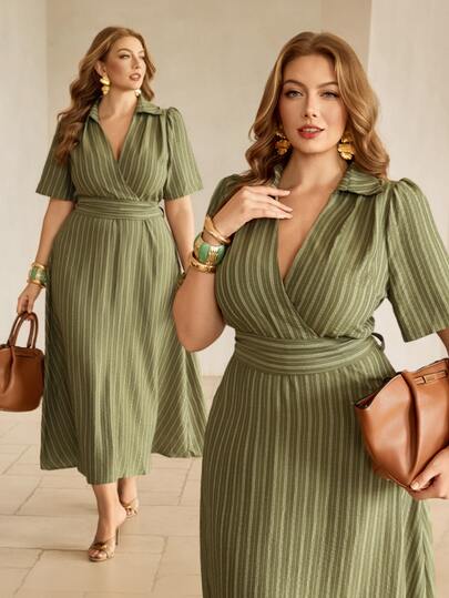 Roveilla Women's Spring/Summer Fiber Linen French Elegant Sophisticated Office Commute Casual Vacation Romantic High-End Beach Party Afternoon Tea Lapel V-Neck Sexy Tie Waist A-Line Short Sleeve Long Print Dress