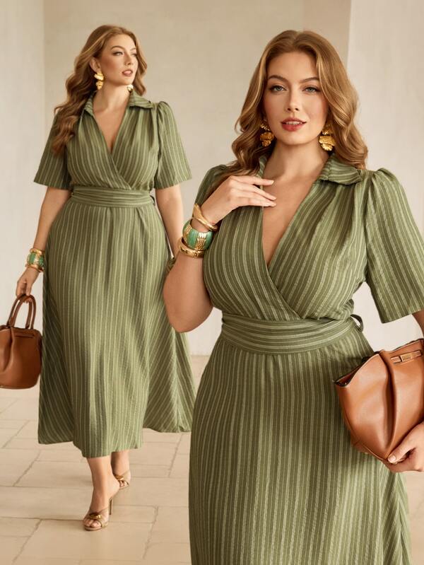 Roveilla Women's Spring/Summer Fiber Linen French Elegant Sophisticated Office Commute Casual Vacation Romantic High-End Beach Party Afternoon Tea Lapel V-Neck Sexy Tie Waist A-Line Short Sleeve Long Print Dress