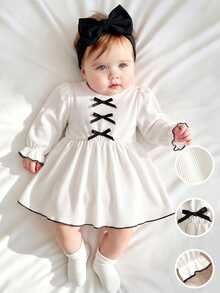 SHEIN Newborn Baby Girls A-Line Dress Sweet Elegant White Black 3D Bow Ribbed Frill Puff Sleeve Round Neck Birthday Party Autumn Winter Fall Soft Ribbing - Beige - View 4
