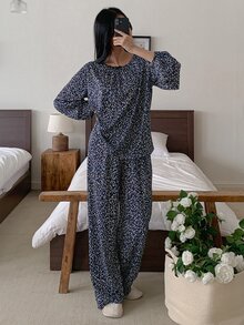 DAZY Women's Minimalist Polka Dot Print Long Sleeve Top And Casual Long Pants Pajama Set - Navy Blue - View 8