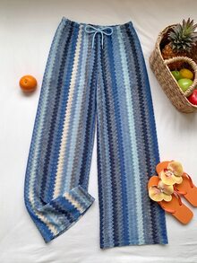 Comfortcana Women's Colorblock Striped Drawstring Waist Wide Leg Loose Long Pants - Blue - View 4