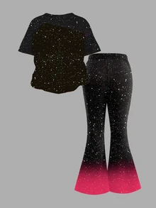 卡通女孩彩色星空粉漸層黑 K-Pop 超級巨星風格 青少年女孩休閒卡通圖案圓領短袖T恤與喇叭褲兩件套 夏季適用 - 白色 - 查看 2