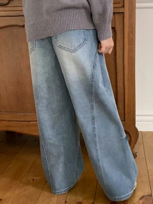 DAZY Tween Girl) Casual Loose Washed Distressed Patchwork Versatile Autumn/Winter Denim Jeans - Light Wash - View 2