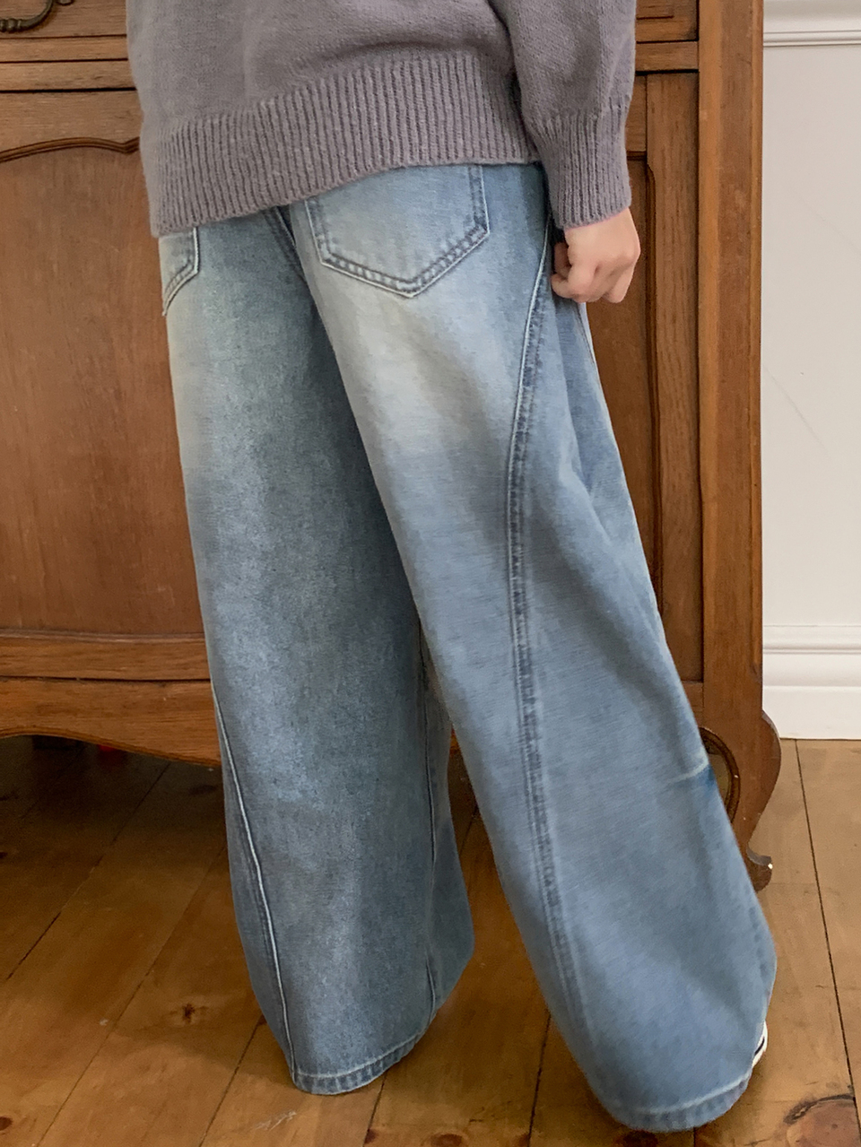 Tween Girl) Casual Loose Washed Distressed Patchwork Versatile Autumn/Winter Denim Jeans
