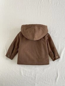 SHEIN Playful Pals 男嬰休閒經典燈芯絨印花抓絨內裡前口袋前扣連帽長袖外套 秋冬款 - 棕色 - 查看 2