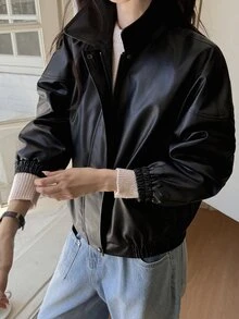DAZY Jaket Kulit PU Lengan Panjang dengan Kantong Resleting untuk Wanita, Cocok untuk Musim Gugur. - Hitam - View 1