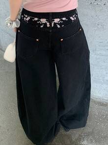 Dazy Plus Loose Floral Embroidered Casual Long Curved Leg Jeans For Girls, Versatile Denim Pants - Black - View 7
