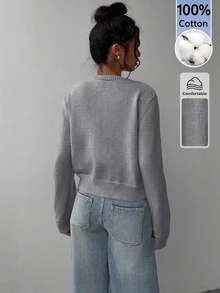 SHEIN BASICS 女款秋冬休閒純色開襟羊毛衫 - 深灰色 - 查看 2