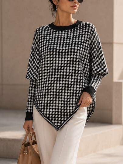 SHEIN Women's Autumn/Winter American Vintage Black & White Houndstooth Knit Sweater, Round Neck, Dropped Shoulder, Loose Fit, Asymmetrical Hemline