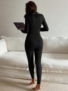 DAZY Women's Comfortable Lace Patchwork Long Sleeve Top And Fitted Long Pants Pajama Set - Black - View 2