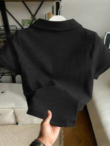 Plus Size Women's Solid Color Short Sleeve Zipper Front Casual Top - Grey - View 2