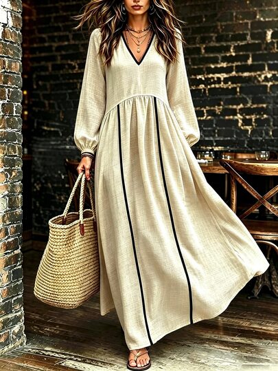 SHEIN Women's New Casual Bamboo Joint Colorblock Long Sleeve Dress, Black Trim V-Neck Lantern Cuffed Sleeve High Waist Ruched Full Skirt Loose Fit Vacation Casual Dress, Loose Doll Style Dress, All Season Wear Dress