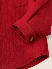 SHEIN 兒童小男孩休閒學院風翻領貼袋鈕扣式寬鬆梭織襯衫，適合通勤、上學、日常休閒、度假、旅行、運動，秋冬穿著 - 紅色 - 查看 6