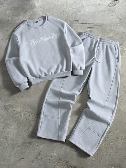 PAVTROS Conjunto de sudadera y pantalón para hombre, sudadera gris de cuello redondo con estampado de letras escritas a mano, combinada con pantalón de chándal con estructura de patchwork dividida y cordón, corte holgado, casual, cómodo y versátil, adecuado para salidas, desplazamientos, estilo callejero, viajes, vacaciones, uso diario, etc.