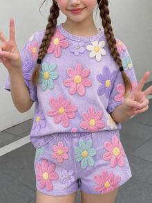 青少年女孩休閒可愛紋理碎花甜美奶油風田園風圓領短袖T恤寬鬆短褲兩件套，適合春夏，圖案舒適，女孩套裝，Y2K復古度假風 - 彩色 - 查看 2