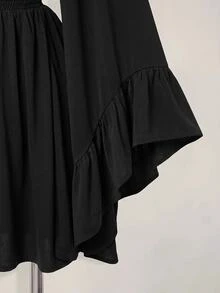 SHEIN ICON 女款純色V領喇叭袖時尚迷你洋裝 - 黑色 - 查看 7