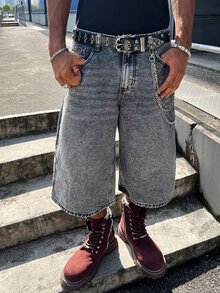 Manfinity EMRG Celana Jeans Pria Model Longgar, Potongan Pendek, Model Kaki Lebar, Kasual, dengan Kantong - Grey - View 8