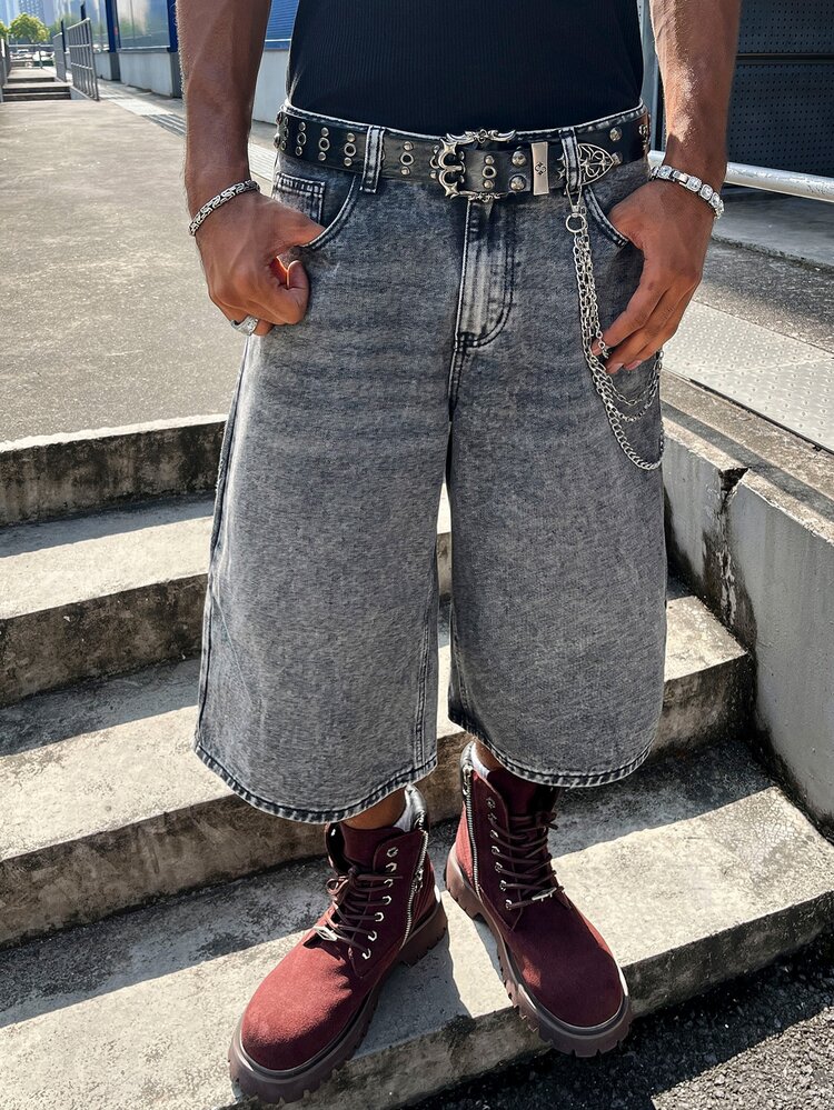 Manfinity EMRG 男士寬腿鬆垮休閒九分牛仔褲，附口袋 - 灰色 - 查看 8