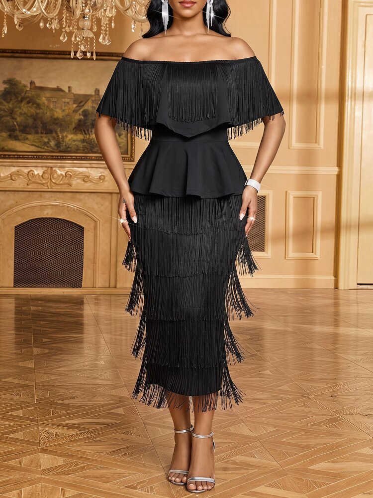 SHEIN Lady Women's Fashion Party Off-Shoulder Fringe Top And Skirt 2 Pieces Set - Black - View 3
