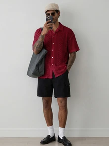 HUEFORM Kemeja Pria Lengan Pendek Warna Polos, Serbaguna dan Modis - Burgundy - View 4