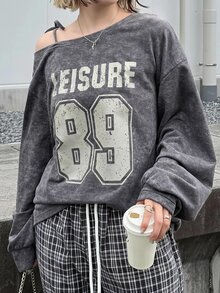Dazy Plus Letter Print Loose Asymmetrical Cold Shoulder Casual Sexy Top For Girls, Spring Summer Autumn T-Shirt - Grey - View 4