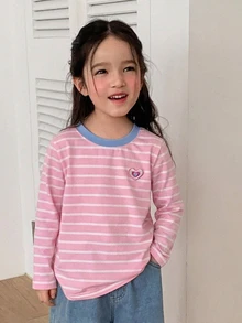 Dazy Kids 女童秋季休閒條紋長袖T恤 - 珊瑚粉 - 查看 4