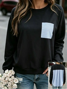 GlowEve CURVE Pullover Wanita Ukuran Besar Musim Gugur/Dingin dengan Motif Garis-Garis Blok Warna, Leher Bulat, dan Satu Saku Samping; Menampilkan Gaya Kasual dan Minimalis untuk Musim Gugur. - Hitam - View 7