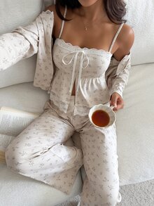 DAZY Women's Floral Lace Patchwork Camisole & Long Pants & Long Sleeve Top Pajama Set - Beige - View 4