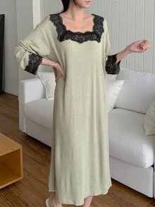 DAZY Women's Comfortable Versatile Lace Patchwork Long Sleeve Nightgown - Khaki - View 13