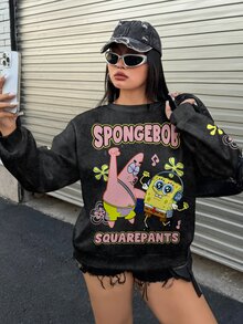 SpongeBob SquarePants | SHEIN Plus Size Cartoon Print Crew Neck Sweatshirt Fall - White - View 3