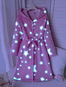 SHEIN Tween女孩秋冬休閒雙面抓絨螢光星星印花貼袋連帽睡袍居家服粉色兒童睡衣 - 藕粉色 - 查看 1