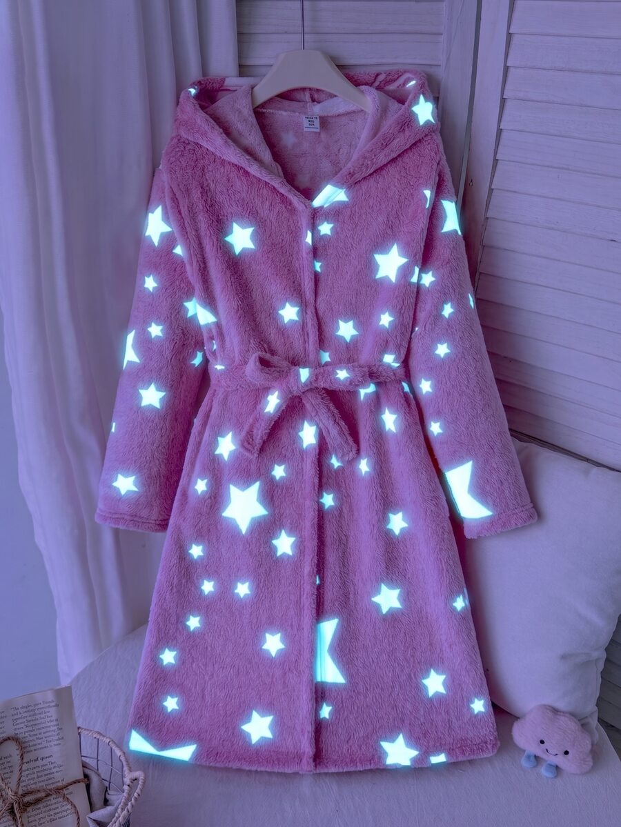 SHEIN Tween女孩秋冬休閒雙面抓絨螢光星星印花貼袋連帽睡袍居家服粉色兒童睡衣 - 藕粉色 - 查看 1