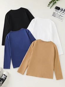 SHEIN 4件組買2送2兒童青少年男孩休閒運動圓領抓絨內裡加厚保暖底層T恤，黑色T恤、白色T恤、卡其色T恤，基礎上衣，適合秋冬、學校、家庭聚會、生日派對，秋季穿搭，冬季穿搭 - 彩色 - 查看 5