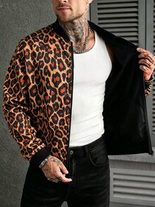 Manfinity CasualCool 男士豹紋棒球領休閒百搭日常旅行長袖夾克 - 彩色 - 查看 2