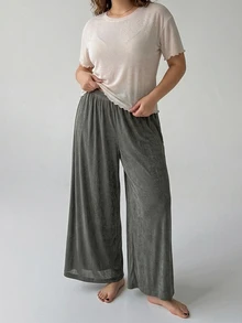 Dazy Plus 2pcs Solid Color Casual Loose Long Pants Early Autumn Spring Home Wear Set - Apricot - View 4