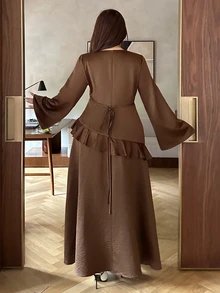 Dazy Plus Solid Color Fitted Waist Ruffle Trim Round Neck Long Sleeve A-Line Elegant Spring Autumn Dress - Brown - View 3