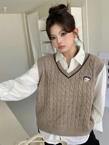 Betty Boop x DAZY Curve Solid Color Pullover V-Neck Sweater Vest, Layered Preppy Casual Style For Spring And Autumn - Khaki - View 10