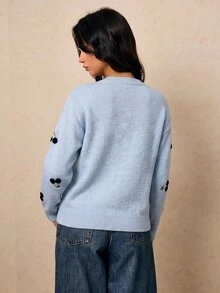 Poéselle 女款刺繡櫻桃舒適圓領長袖針織衫 - 藍色 - 查看 6