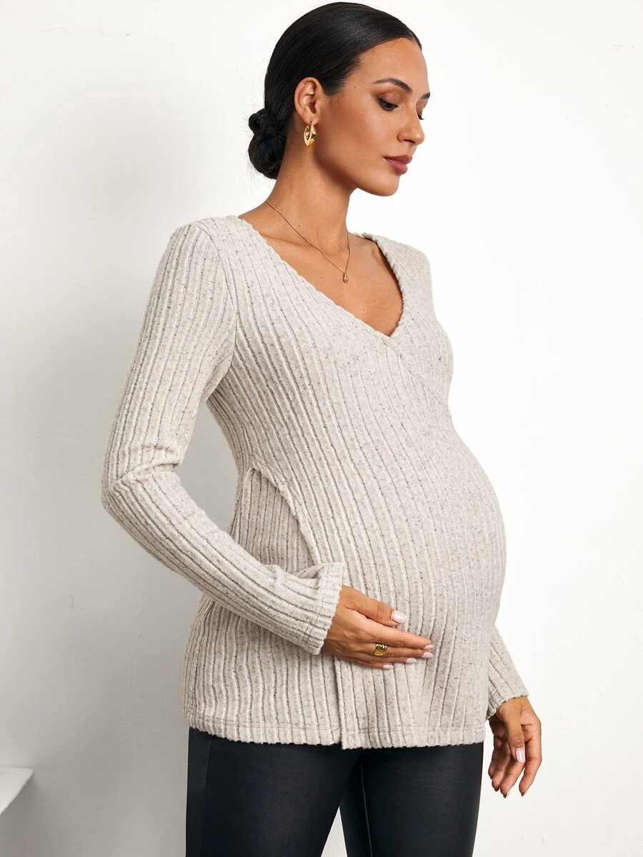 MaterniWear Maternity Casual Wrap Nursing Top For Autumn - Khaki - View 1