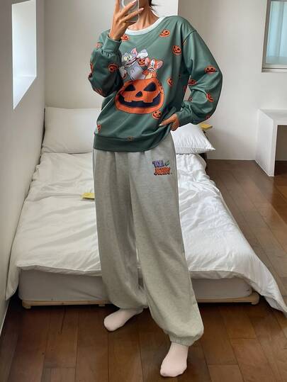 TOM AND JERRY X DAZY Damset med lös topp med Halloween-pumpa och tecknat mönster samt pyjamasbyxor med boktryck för vintern