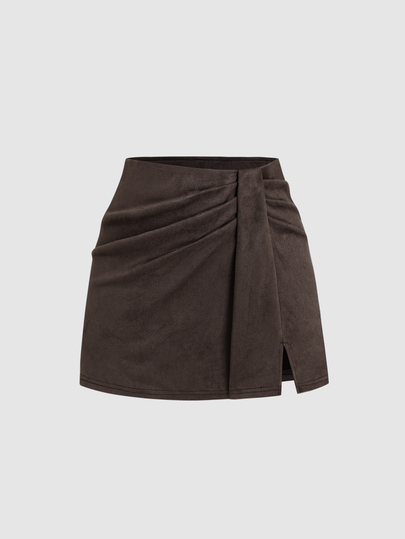 SHEIN EZwear Falda A-Line de tela de ante marrón vintage francés con diseño fruncido elegante, moda de otoño/invierno minimalista versátil estilo chica hot para mujer